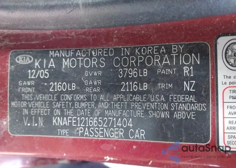 2006 Kia Spectra Ex/Lx/Sx from USA, damaged, VIN KNAFE121665271404